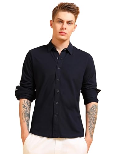 Image of StitchX Men's Cotton Pique Regular Fit Full Sleeve Solid Knitted Shirt