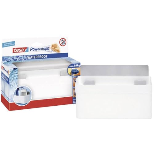 tesa Powerstrips Duschregal wasserfest/Selbstklebender Halter aus rostfreiem Edelstahl und Kunststoff für die Dusche/Bis 3 kg/Rückstandslos entfernbar / 1 Stück