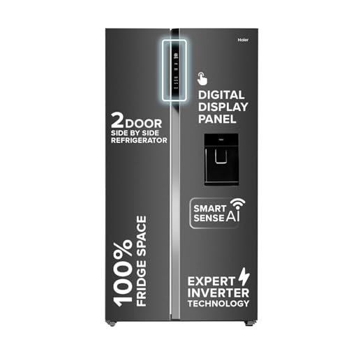 Image of Haier 596L Frost Free 2-Door Water Dispenser 3 Star Side by Side Refrigerator with Convertible, Wi-Fi, Inverter, Digital Display Panel, Deo Fresh Technology (HRS-682WGKU1, Graphite Black)