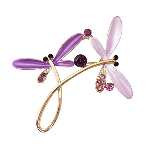 Image of Navachi 18k Gold Plated Multicolor Enamel White Crystal Double Dragonfly Wings Brooch Pins