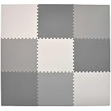 PROPRIÉTÉS DU TAPIS PUZZLE EN MOUSSE isole du froid du sol, amortit les mouvements du bébé, facile à nettoyer - il suffit de l'essuyer avec un chiffon humide, imperméable, peut être posé sur des surfaces lisses, parfait pour jouer et s'entraîner, les puzzles peuvent être assemblés pour former un tapis plus grand ou construire un cube et créer d'autres structures selon vos propres idées. L'ensemble comprend 9 puzzles en trois couleurs différentes : crème, gris et graphite