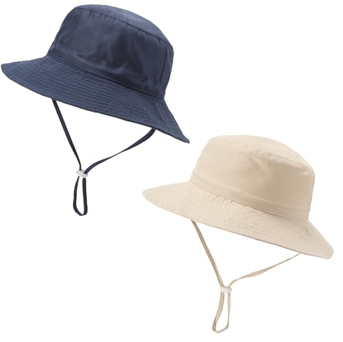 Baby Sun Hat UPF 50+ Sun Protective Toddler Bucket Hat Summer Kids Beach Hats Wide Brim Outdoor Play Hat for Boys Girls A-Navy&A-Beige 0-6 Months