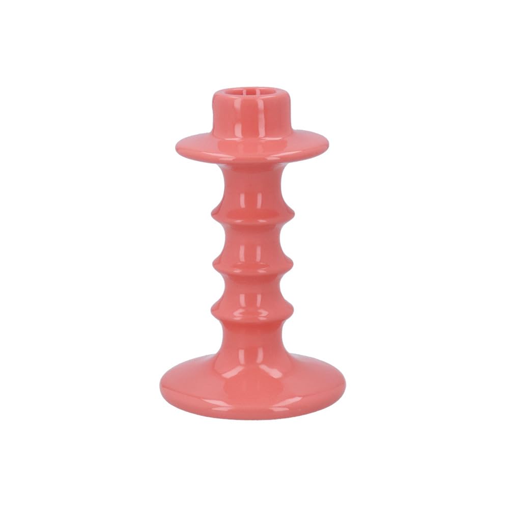 Gisela Graham Pink Glazed Ceramic Hooped Candlestick, 14Cm, Candle Holder (Pink)