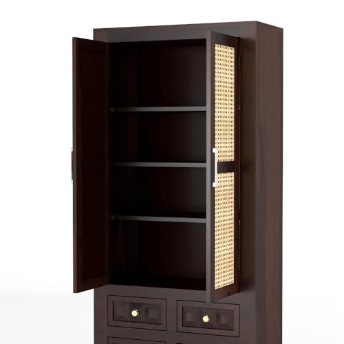 Image of PS DECOR Solid Sheesham Wood Bookshelf Cabinet with Cane Rattan Doors & 4 Drawers | Wooden Book Storage Unit for Home Library, Living Room & Office | Double Door Bookcase Organizer (Walnut Finish)