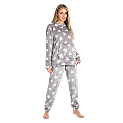 CityComfort Pyjamas för kvinnor, fluffig fleece dam pyjamas, myskläder set, Grå stjärna, L