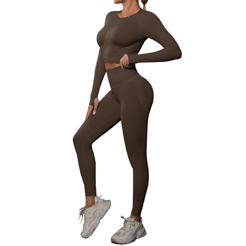 dohomiryo Women Yoga Outfit Workout Set 2 Pieces Outfits Long Sleeve Top High Waist Leggings Activewear Clothes Gym wear Sets Brown S