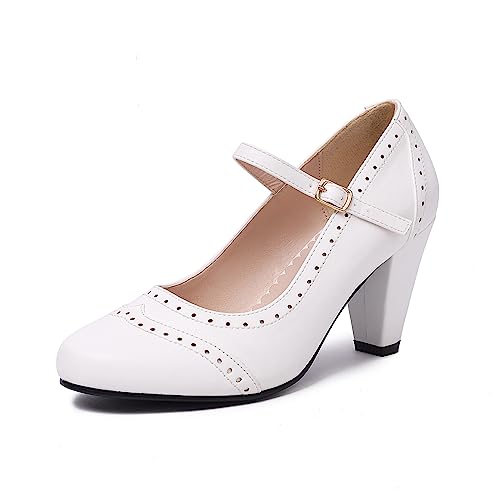 Elerhythm Women's Two Tone Mary Jane Classic and Retro 1920s Pump Heels Oxford Pattern 1950s Vintage Round Closed Toe Ankle Strap Dress Shoes