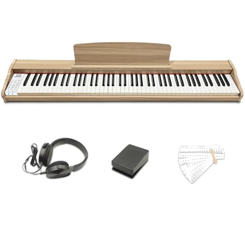 【超大譜面台、木目】ニコマク NikoMaku 電子ピアノ 88鍵盤 SWAN-Z MIDI対応 キーボード 55cm譜面立て 10Ｗ強力出力 2個のイヤホン端子同時対応 初心者 入門 自宅練習 ペダル ヘッドホン 鍵盤シール 日本語説明書付き (オークベージュ)