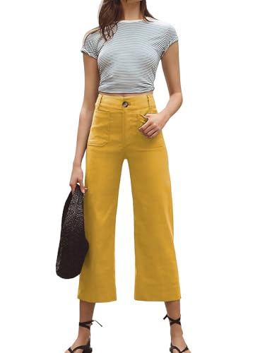 Cropped Wide-Leg Pants Casual High Waist Baggy Pants Stretchy Straight Trousers with Pockets