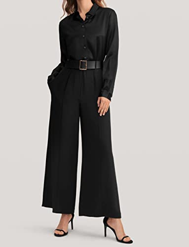 Houmous Womens Satin Silk Button Down Shirts Formal Office Work Wear Shirt For Girl Casual Loose Long Sleeve Blouse Top(Black,L) #TOP4