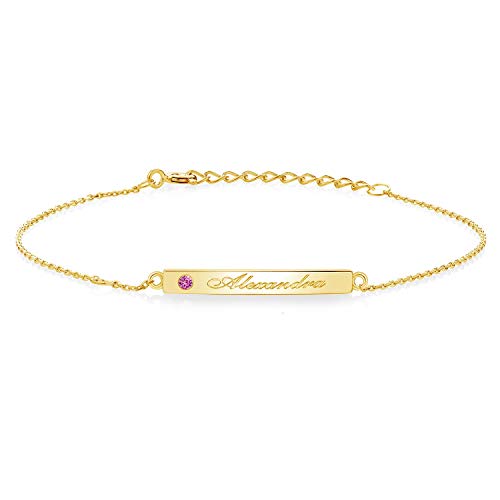 Gem Stone King Customized and Personalized Custom Engraved Chain ID Name Bar Bracelet For Women | 925 Sterling Silver | 2MM Round Gemstone Birthstone | Name ID Bar 27X3MM | 7 + 1 Inch Extender