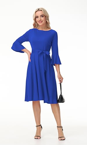 Image of Hostoyo Church Dress for Women Wedding Guest Cocktail Party Dresses Evening Prom Formal Modest Gowns Crew Neck Bell Sleeve