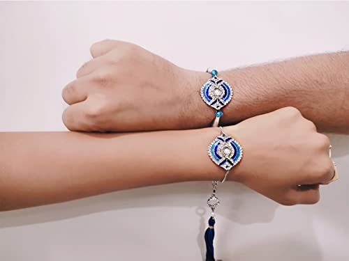 Image of Mahi Bhaiya Bhabhi Rakhi Set with Crystals and Meenakari Work Bracelet Style Lumba - Rakhi for Brother and Bhabhi(PARCOL1105339PR)