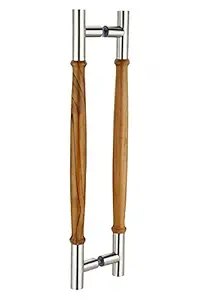 FAST DH202WS 304 Stainless Steel and Wooden Metal Round Shape Pull Door Handle 1 Set OR 2 pcs to Fits All Type Glass Door, All Type Wooden Main Door for Home & Office. (600MM)