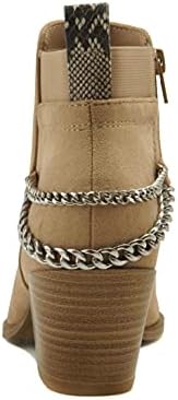 Soda QUE – Western Inspired Stacked Heels Fashion Bootie & Gleaming Chain Back Strap w/Functional Zipper (Wheat, numeric_9) | Image 3