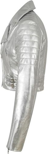 SpazeUp Women's Cropper Leather Jacket - Ladies Short Body Biker Leather Jacket Silver Golden3