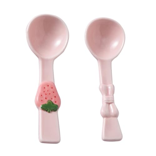 2PCS Ceramic Soup Spoons Cute Tablespoons with Strawberry Bowknot Handle Pink Serving Spoons for Desserts Ice-cream Yogurt Soup Appetizers Coffee, 2 Style