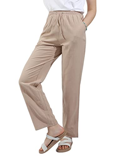 utcoco Womens Linen Pants Casual Straight Fit Elastic Waisted Drawsting Trousers with Pockets3