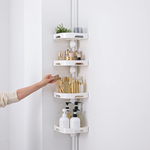 Image of akinbas Tension Pole Shower Caddy Organizer with 4 Tier L-Shaped Rust Resistant Bathroom Corner Shelves with 34-124 Inch Adjustable No Drilling Quick Install Shower Rack for Bath Essentials (White)