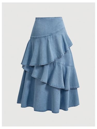 SHENHE Women's Layered Ruffle Denim Maxi Skirt A Line High Waist Flowy Long Jean Skirt2