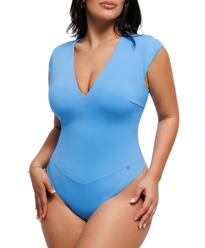 Popilush Women's Shapewear Bodysuit Deep V Cap Sleeve Going Out Top Blue