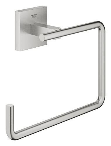 GROHE Start Cube Towel Ring – Bathroom Wall Mounted Towel Holder (Metal, Concealed Fastening, with Screws and Dowels), Size 193 mm, Extra Easy to Fit with GROHE QuickGlue, Stainless Steel, 40975DC0