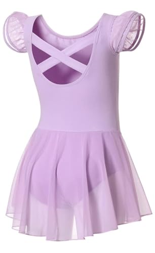 DIPUG Ballet Leotards for Girls Toddler Dance Leotard Flutter Sleeve and Criss-Cross Back Purple Size 6-8