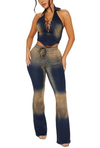 THLAI Denim 2 Piece Outfits for Women Halter Neck Top