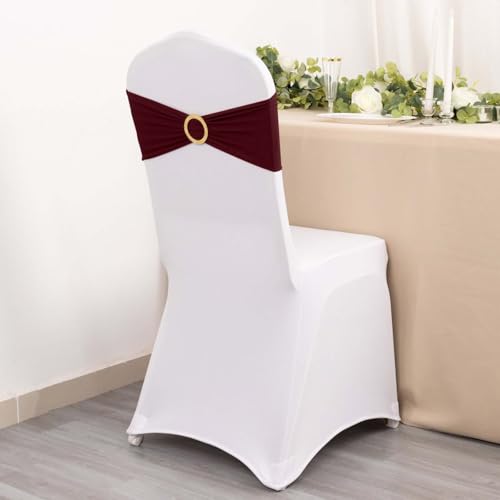 Efavormart 5 Pack Burgundy Spandex Chair Sashes with Gold Rhinestone Buckles, Elegant Stretch Chair Bands and Slide On Brooch Set - 5\"x14\"