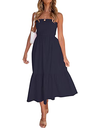 Image of ZESICA Women's Summer Boho Strapless Maxi Dress 2026 Casual Off Shoulder Smocked Flowy A Line Beach Holiday Long Dresses