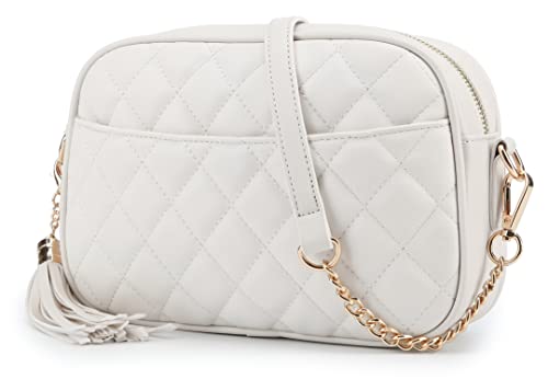 lola mae Quilted Crossbody Bag, Medium Lightweight Shoulder Purse Top Zipper Tassel Accent (Beige-LM692B)