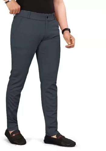 Image of Men's Slim Fit Formal Trousers with Mid-Rise Waist and Lycra Blend | Solid Pattern and Button Closure | Ideal for Office, Business, and Everyday Wear