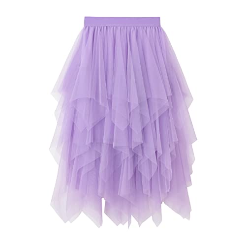 Damen Rock Tüll Unregelmäßig Unterrock Lagenrock Ballett Tutu Abschlussball Party Faltenkleid A-Linie Midirock High Waisted Rock (Lila,...
