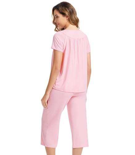 Image of NACHILA Pajamas for Women-Viscose Made from Bamboo, Short Sleeve Sleepwear Soft Capri Pants Pajama Set Pleated Loungewear