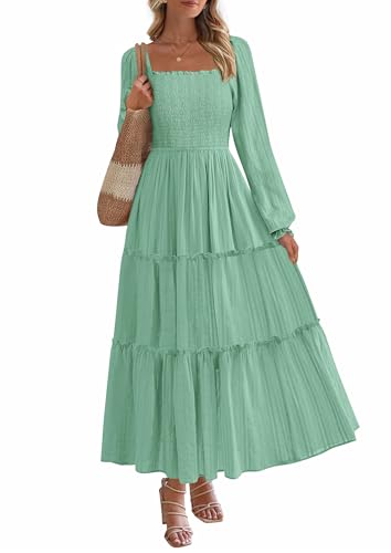 PRETTYGARDEN Fall Dresses for Women 2025 Casual Long Sleeve Smocked Ruffle Flowy Elegant Wedding Guest Maxi Dress Pockets (Sage Green,Medium)