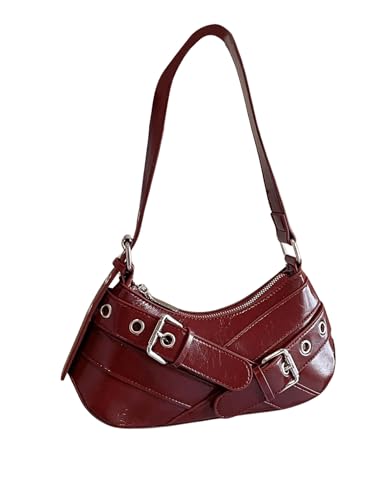 OYOANGLE Women's Buckled Punk Shoulder Bags Zipper Top Handle Handbags Y2k Adjustable Strap Underarm Bags