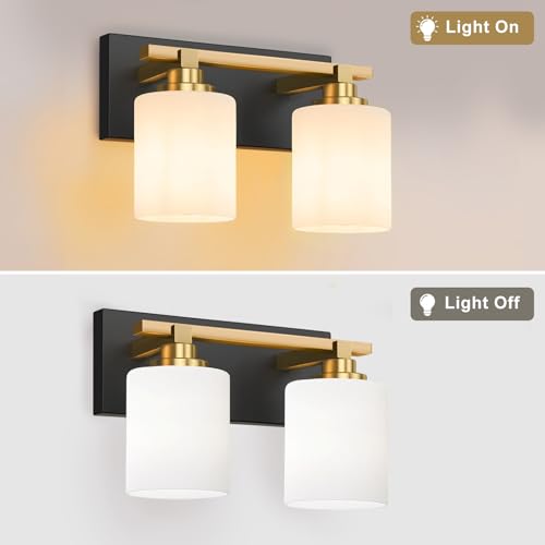 Image of Modern Bathroom Lighting Fixtures Over Mirror, Vanity Lights for Bathroom, Wall Sconces with Milky White Glass Shades, E26 Ceramic Socket, 2-Light 14-inch Black and Gold