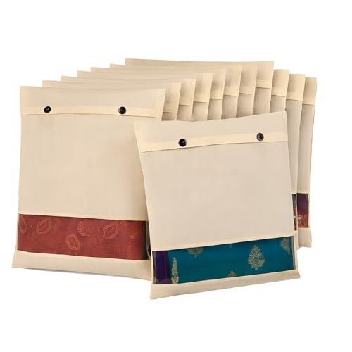 Image of DALUCI Cotton Saree Cover for Storage | Saree Bags (18x15 Inch) with Button Closure & Transparent Mesh Window | 100% Washable Fabric Clothes Organizer for Storage | Wardrobe Organiser (Pack of 12)