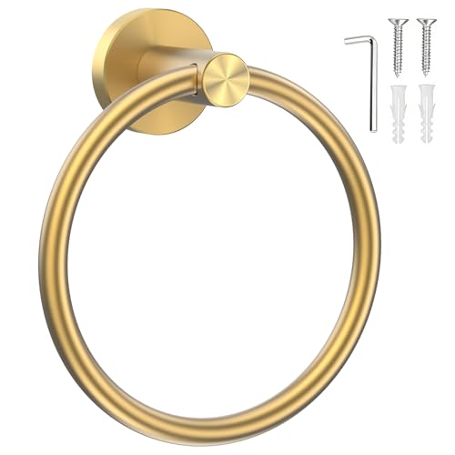 Image of SetSail Towel Holder Screw-in Gold Towel Ring for Bathroom Wall Stainless Steel Hand Towel Holder for Bathroom, Kitchen Drill Hole