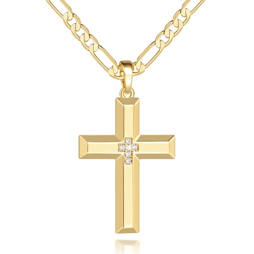 Sincere-ljh Cross Necklace for Men Gold Cross Necklace for Men 14K Gold Crosses Figaro Chain Pendant for Mens Crosses Necklaces Broad Subtle Sparkle with Cubic Zirconia Necklaces for Mens Chain 20/22/24 inches (22in)