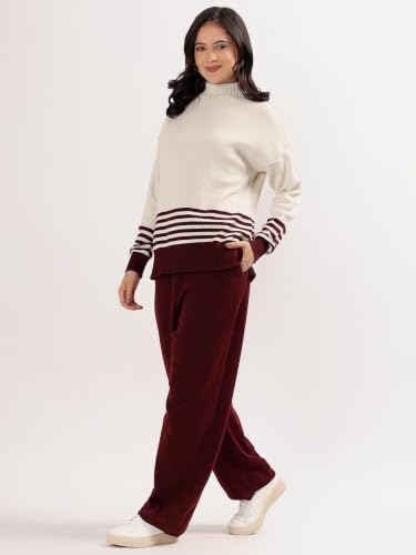 Image of Kvetoo Women Winter Coord Set Wool Blend Tracksuit High Neck Sweater and Wide Leg Pants Warm Knitwear Pyjama Set for Casual Office Travel Wear