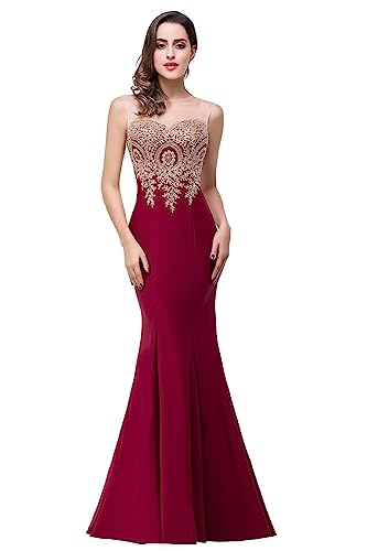 Babyonlinedress Women's Mermaid Gold Lace Embroidery Prom Dress Evening Gown,Burgundy M