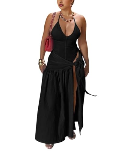 Image of Two Piece Skirt Set Women Sexy Halter Backless Bodysuit and Wrap Tied High Split Summer Maxi Skirt Set