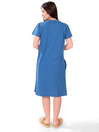Image of Printed Knee Length Pocket Night Dresses for Women | Cat Lovers | Premium Soft Cotton Nighty | Sky Blue