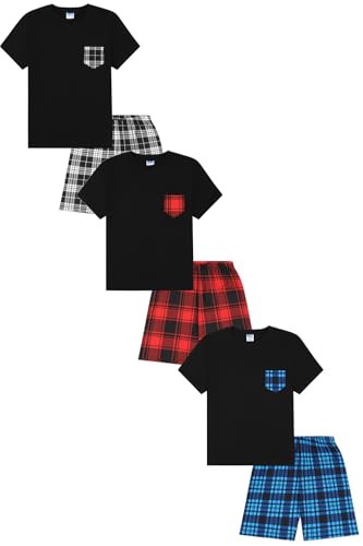 ThePyjamaFactory Boys Black and White Black and Red Black and Blue Check Pocket 3 Pack Short Pyjamas PJs For Kids (11-12 Years)
