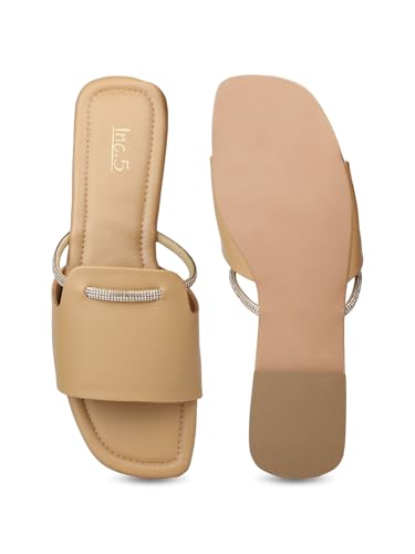 Image of Inc.5 Womens Beige Solid Open Toe Casual Slip-on Flats Slide Sandal