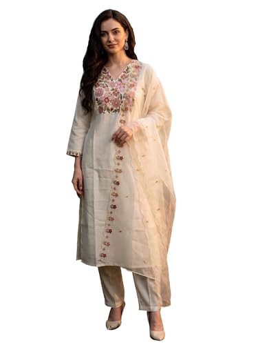 Image of INDO ERA Women's Silk Blend Floral Embroidered Thread Work Kurta & Pant with Dupatta Set (IEBBAI438)