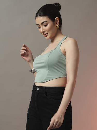 Image of Trend Arrest.ed Women's Stretchable Corset Style Crop Top | Square Neck Sleeveless Zipper Back Body-Hugging Fit | Casual