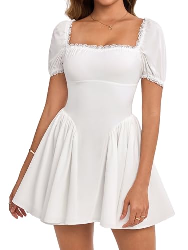 Image of Parthea Women's Floral Square Neck Mini Dress Lace Puff Sleeve Off Shoulder Smocked Flowy A Line Summer Dresses for 2026