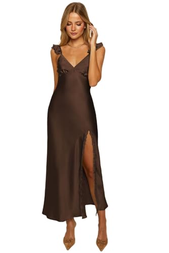 IKMNN Brown Lace Corset Bridesmaid Dress Backless Club Dresses for Junior 2025 Long Prom Dresses Adjustable Straps A Line Party Gown with Slit 4